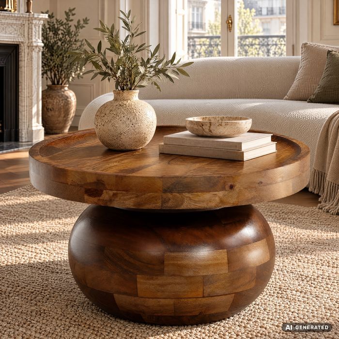 FineBuy Couchtisch 50x50x30,5 cm Mango Massivholz Walnussfarben Sofatisch Rund, Design Wohnzimmertisch Niedrig, Kaffeetisch Wohnzimmer Modern mit natürlicher Holzmaserung