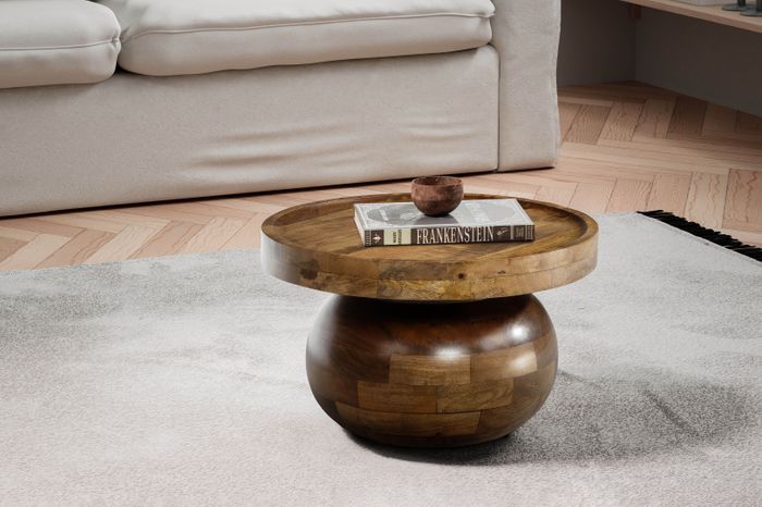 FineBuy Couchtisch 50x50x30,5 cm Mango Massivholz Walnussfarben Sofatisch Rund, Design Wohnzimmertisch Niedrig, Kaffeetisch Wohnzimmer Modern mit natürlicher Holzmaserung