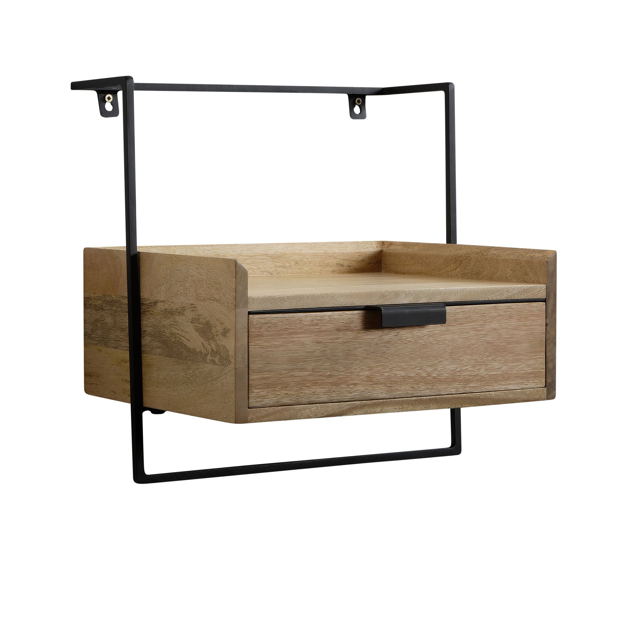 FineBuy Nachtkonsole zur Wandmontage aus Mango Massivholz mit Schublade – schwebender Nachttisch, modernes Wandboard mit Stauraum fürs Schlafzimmer – Nachtkästchen 44x45x35 cm