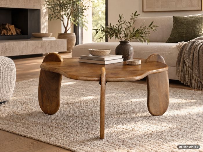 FineBuy Couchtisch Mango Massivholz Ø 78 cm Walnussfarben · Design Wohnzimmertisch in organischer Form · Handgefertigter Sofatisch