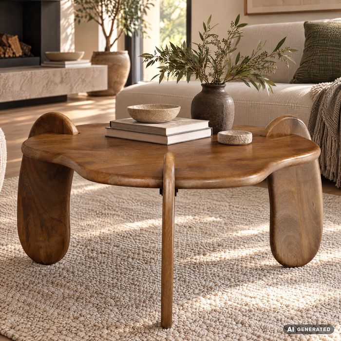 FineBuy Couchtisch Mango Massivholz Ø 78 cm Walnussfarben · Design Wohnzimmertisch in organischer Form · Handgefertigter Sofatisch
