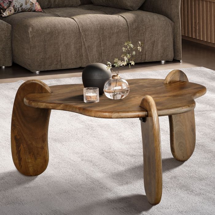 FineBuy Couchtisch 78x78x39,5 cm Mango Massivholz Walnussfarben Sofatisch Niedrig, Dreibein Wohnzimmertisch Organisch, Design Kaffeetisch Wohnzimmer Modern mit natürlicher Holzmaserung