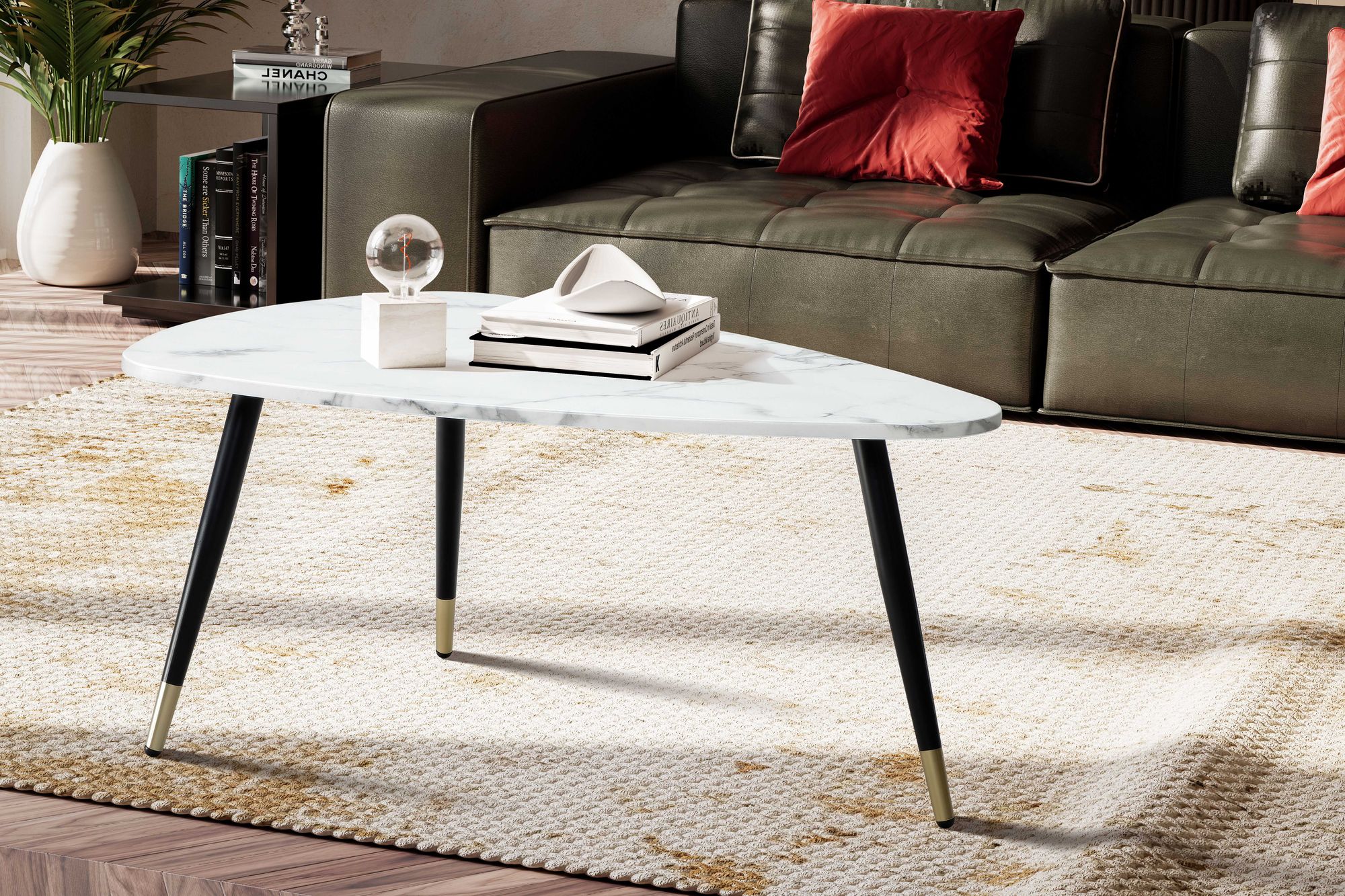Couchtisch FineBuy Sofatisch Marmor Optik 90 cm Wohnzimmertisch Tisch Dreibein – Ansicht 2
