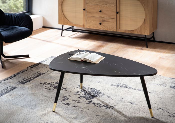 FineBuy Couchtisch 90x60x41 cm mit Marmor Optik, Dreibein Wohnzimmertisch mit Metall-Gestell, Sofatisch Dreieckig Tisch Wohnzimmer, Beistelltisch
