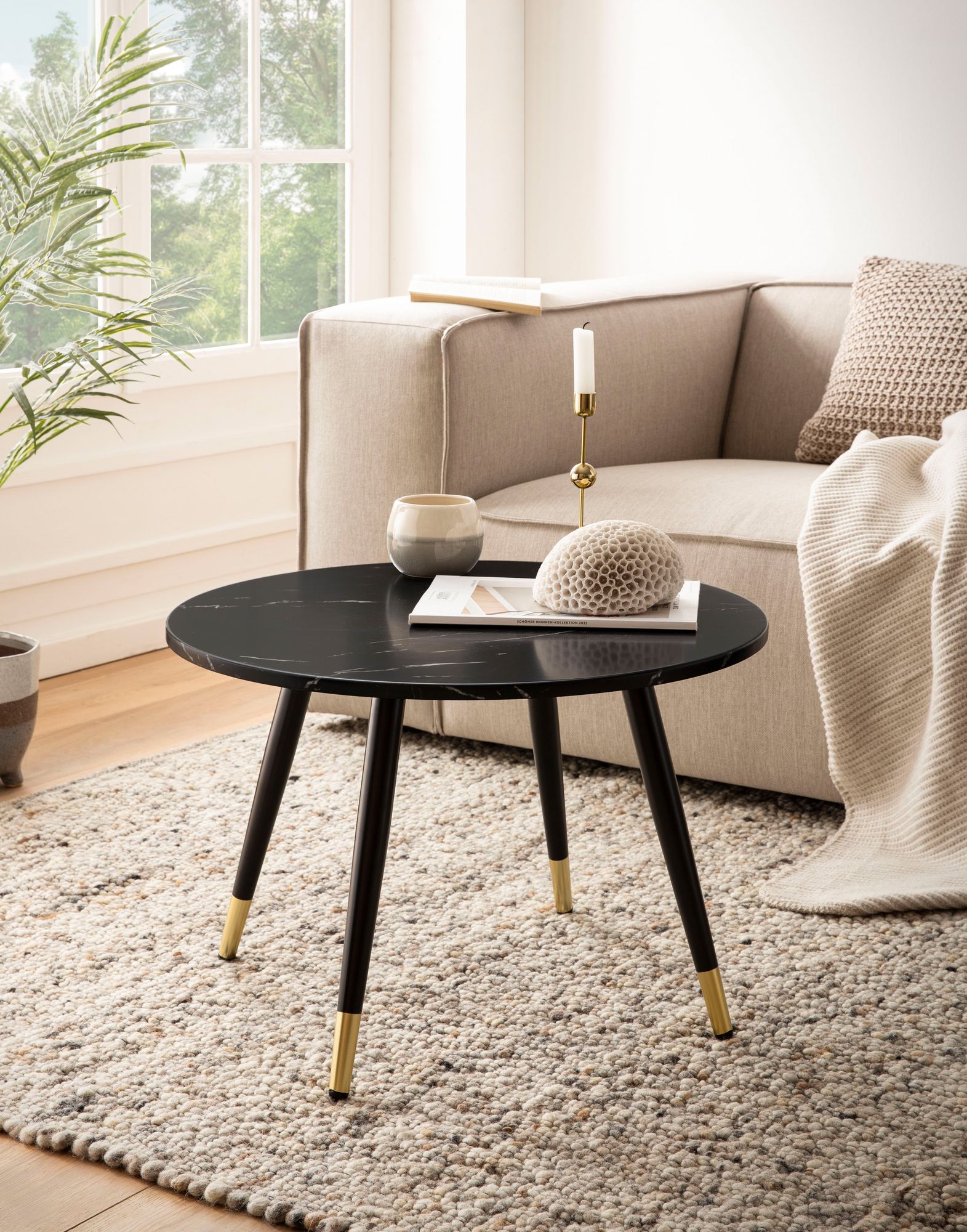 Couchtisch FineBuy Sofatisch Marmor Optik 60 cm Wohnzimmertisch Rund Tisch – Ansicht 2