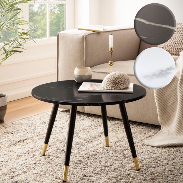 FineBuy Couchtisch 60x60x41 cm mit Marmor Optik Modern, Design Wohnzimmertisch mit Metall-Gestell, Sofatisch Rund Tisch, Beistelltisch Wohnzimmer