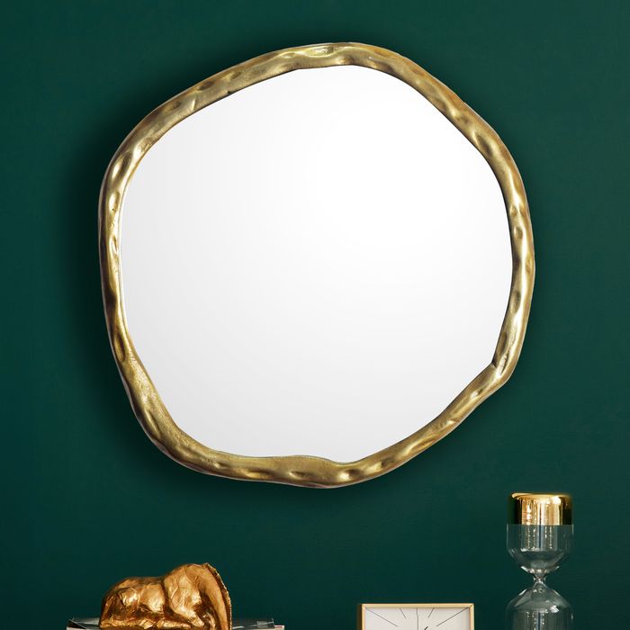 FineBuy Wandspiegel Asymmetrisch 60x60 cm Metall Design Hängespiegel Gold, Aluminium Dekospiegel Unförmig mit Rahmen, Spiegel Wand Groß, Flurspiegel Garderobenspiegel Modern