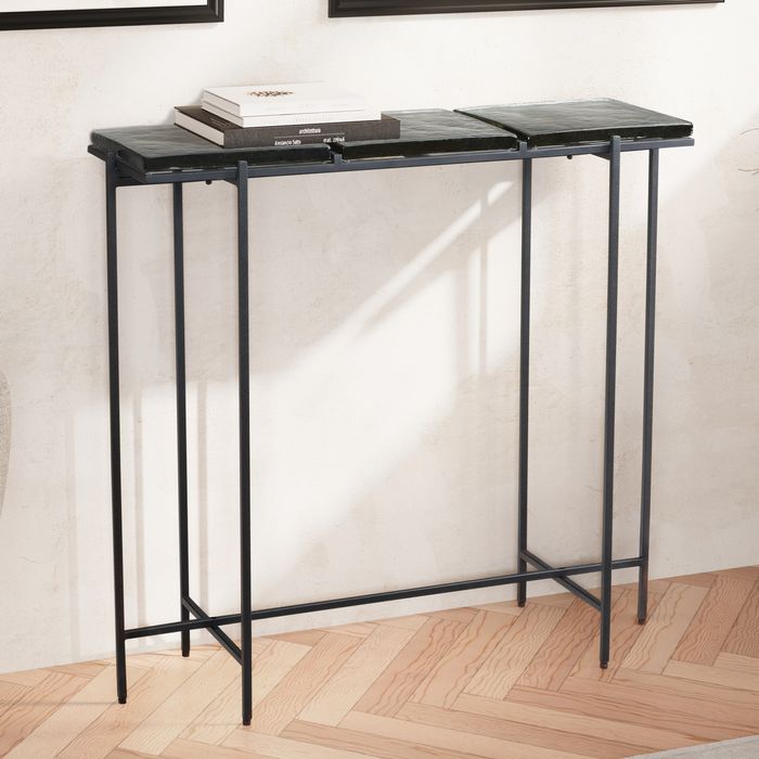 FineBuy Konsolentisch Schwarz 90x29x85 cm Design Anrichte Glas Flur, Ablagetisch mit Metallgestell Schmal Modern, Flurtisch mit abnehmbaren Tischplatten, Dielentisch Lang Hoch