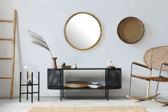 FineBuy Wandspiegel 60 cm Metall Design Hängespiegel Gold, Dekospiegel Rund mit Rahmen, Spiegel Wand Groß, Flurspiegel Garderobenspiegel Modern
