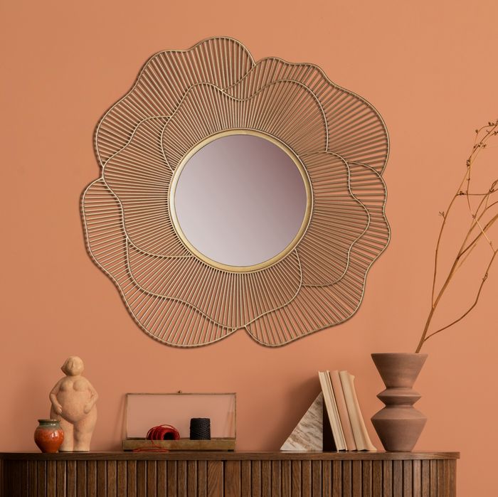 FineBuy Wandspiegel Rose 77 cm Metall Design Hängespiegel Gold, Eisen Dekospiegel Rund, Spiegel Wand Groß Blütenform, Flurspiegel Garderobenspiegel Modern