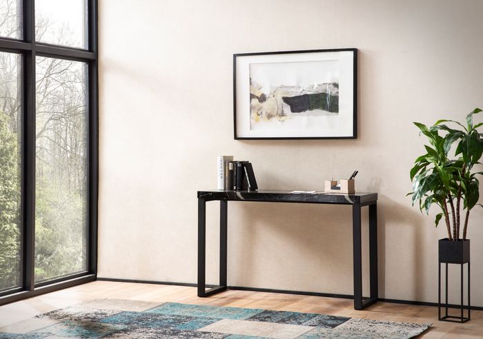 FineBuy Konsolentisch Marmor-Optik Schwarz Hochglanz 120x40x76 cm Design Anrichte Flur, Ablagetisch Schmal, Flurtisch mit Metallbeine, Dielentisch Lang Hoch, Kleiner Schreibtisch