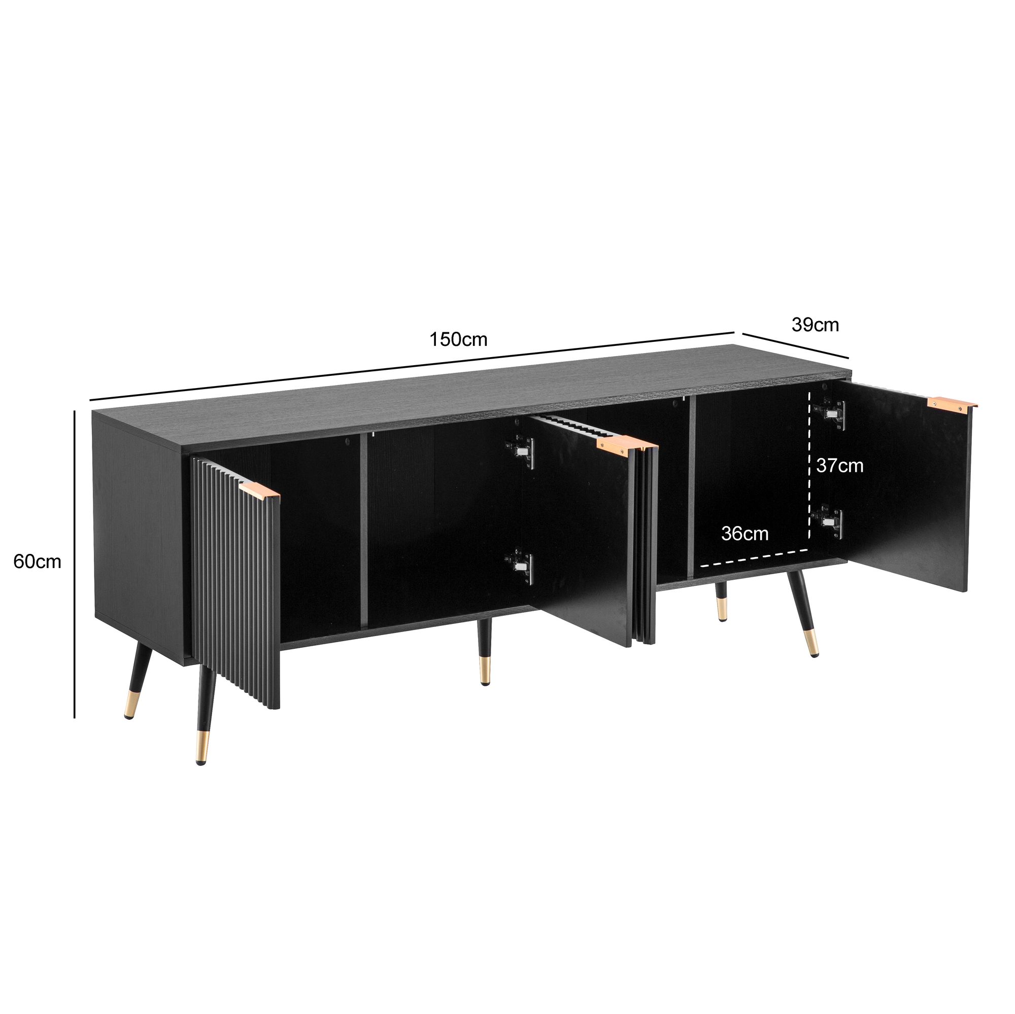 Lowboard FineBuy TV Schrank 150 cm Schwarz Türen Fernsehkommode Eiche Modern – Ansicht 3