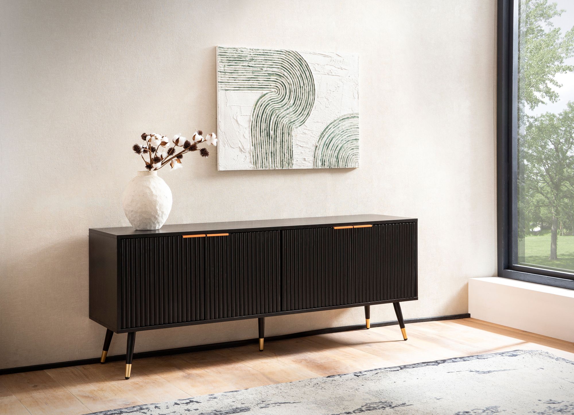 Lowboard FineBuy TV Schrank 150 cm Schwarz Türen Fernsehkommode Eiche Modern – Ansicht 4