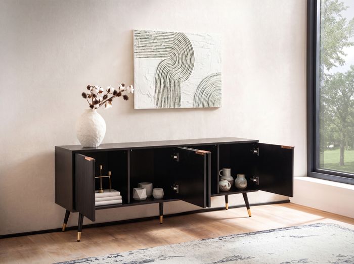 FineBuy Lowboard Schwarz mit Eiche-Dekor 150x60x39 cm TV-Kommode Modern, Design TV-Schrank Hoch, Fernsehtisch Fernsehschrank mit Türen, Fernsehkommode Wohnzimmer