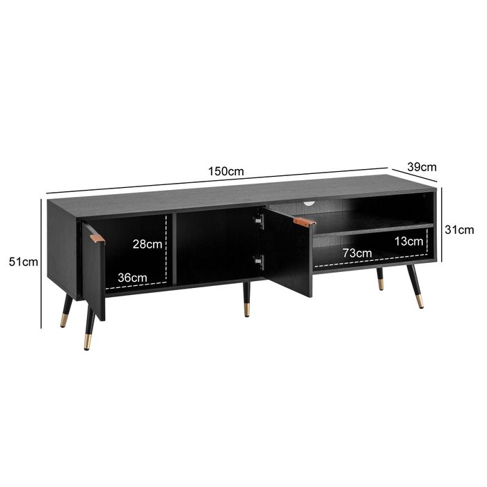 Lowboard FineBuy TV Schrank 150 cm Schwarz Türen Fernsehkommode Eiche Modern – Maßzeichnung