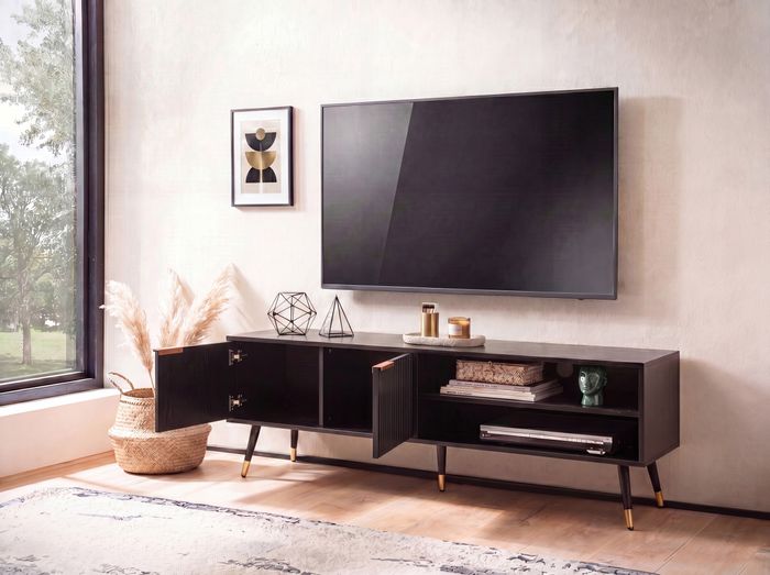 FineBuy Lowboard Schwarz mit Eiche-Dekor 150x51x39 cm TV-Kommode Modern, Design TV-Schrank Hoch, Fernsehtisch Fernsehschrank mit Türen & Ablagefächern, Fernsehkommode Wohnzimmer