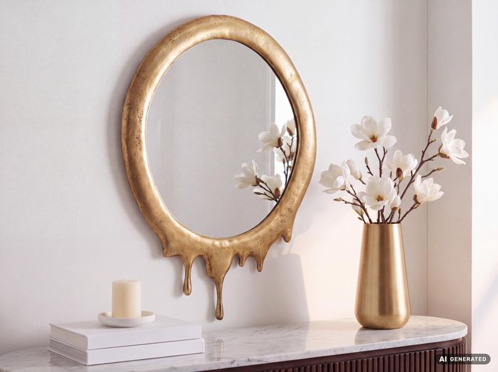 FineBuy Wandspiegel 50x71 cm Metall Design Hängespiegel Gold, Aluminium Dekospiegel Oval mit Rahmen, Spiegel Wand Groß, Flurspiegel Garderobenspiegel Modern
