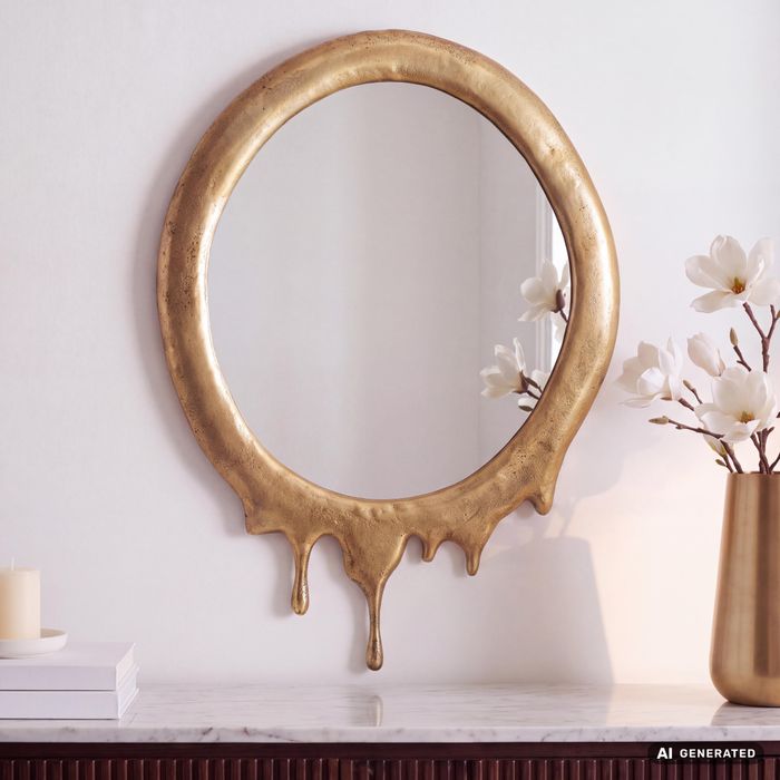 FineBuy Wandspiegel 50x71 cm Metall Design Hängespiegel Gold, Aluminium Dekospiegel Oval mit Rahmen, Spiegel Wand Groß, Flurspiegel Garderobenspiegel Modern
