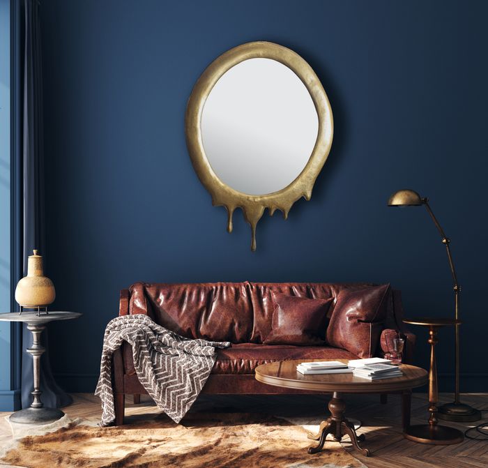 FineBuy Wandspiegel 50x71 cm Metall Design Hängespiegel Gold, Aluminium Dekospiegel Oval mit Rahmen, Spiegel Wand Groß, Flurspiegel Garderobenspiegel Modern