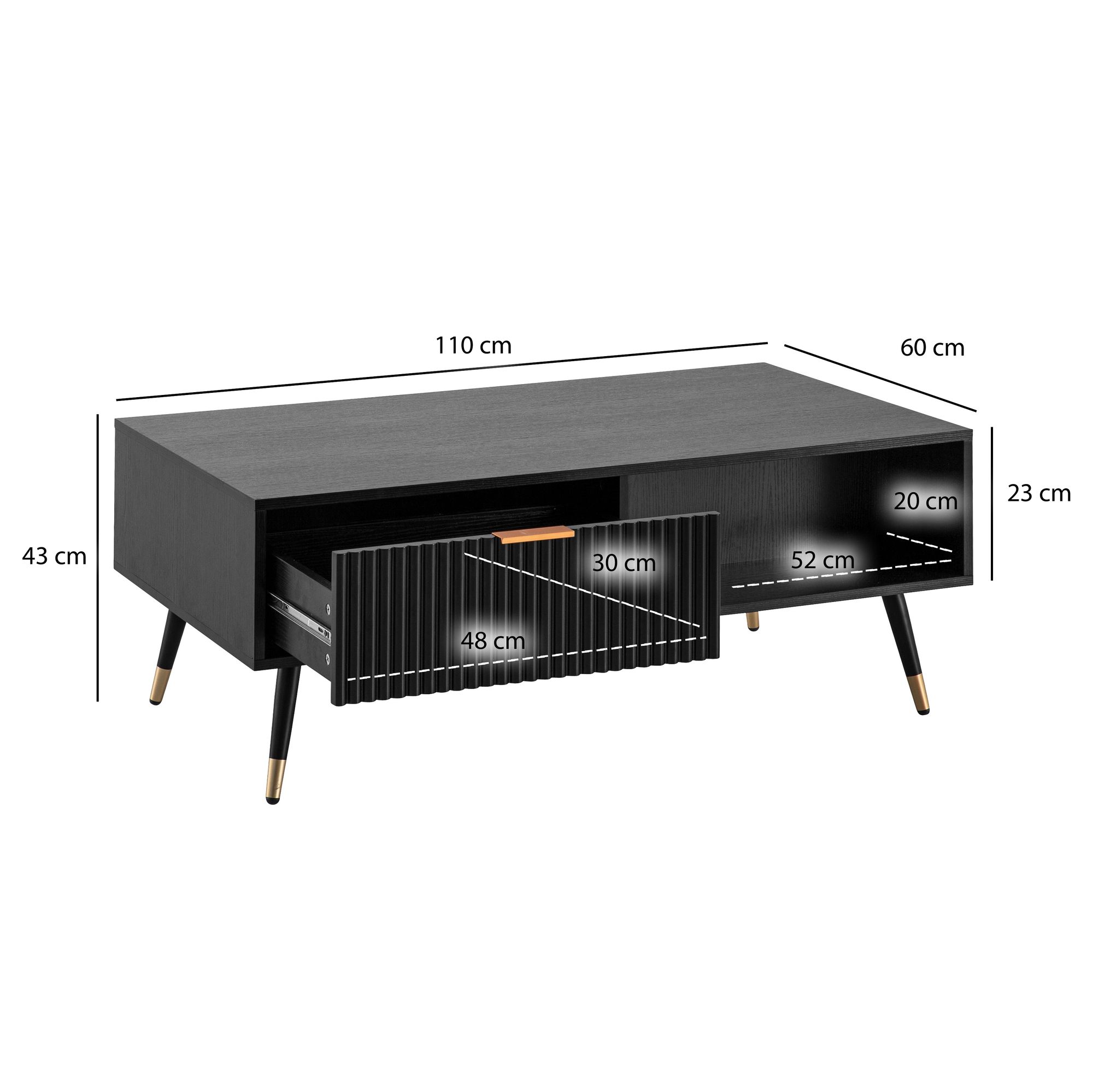 Couchtisch FineBuy Sofatisch 110x60 cm Schwarz Eiche Wohnzimmertisch Stauraum – Ansicht 3