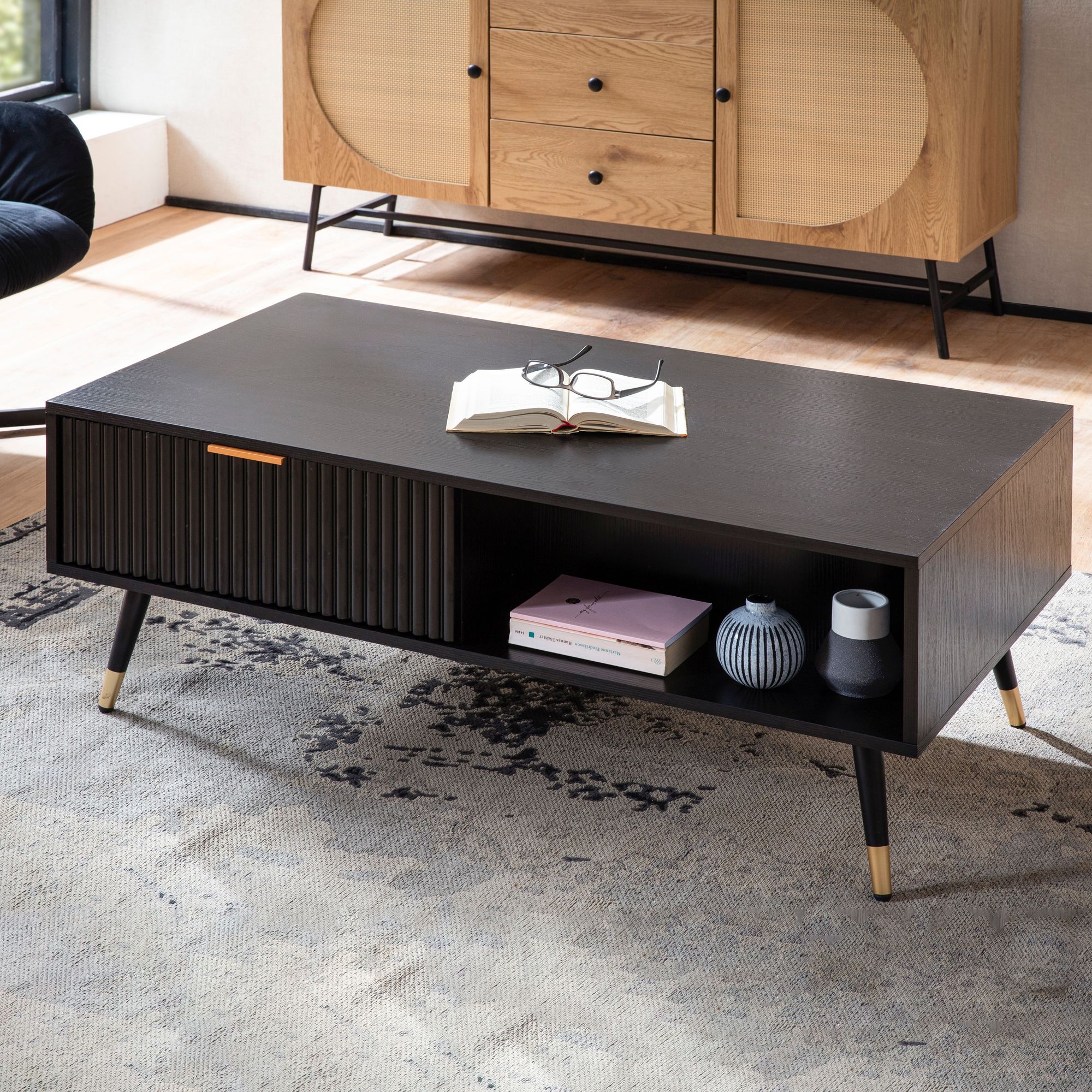 Couchtisch FineBuy Sofatisch 110x60 cm Schwarz Eiche Wohnzimmertisch Stauraum – Ansicht 1