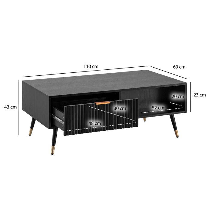 Couchtisch FineBuy Sofatisch 110x60 cm Schwarz Eiche Wohnzimmertisch Stauraum – Maßzeichnung
