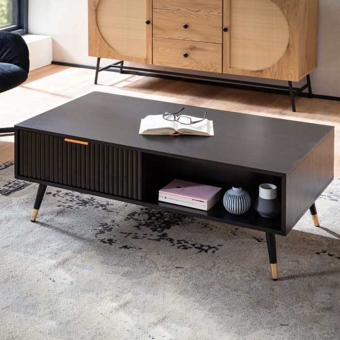 FineBuy Couchtisch 110x60x43 cm Schwarz mit Eiche-Dekor Wohnzimmertisch, Sofatisch Rechteckig mit Stauraum, Kaffeetisch mit Schubladen, Tisch Wohnzimmer mit Metallbeine
