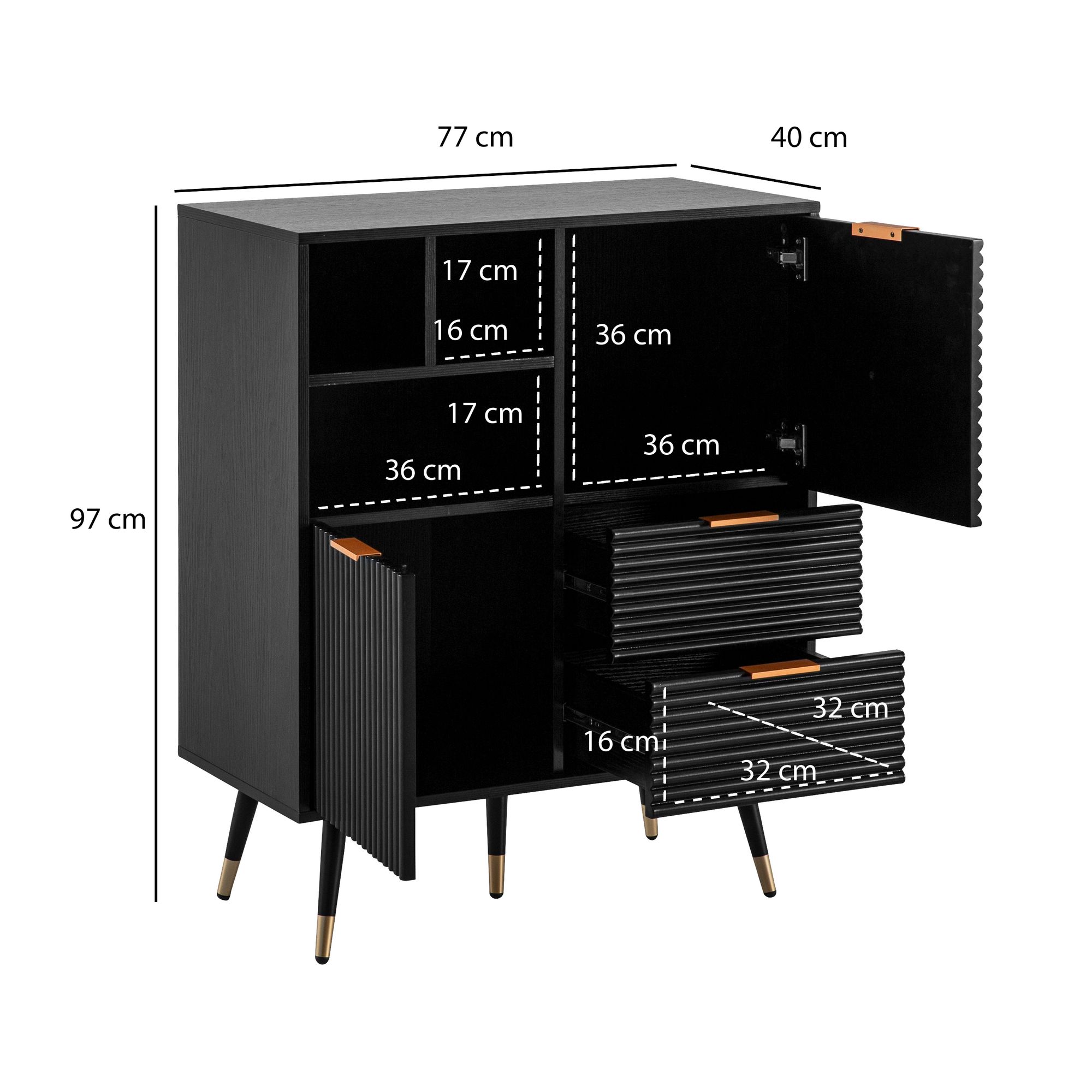 Kommode 77 cm in MDF Eiche Schwarz Dekor mit 2 Schubladen / 2 Türen und Ablage Design Sideboard Schrank – Ansicht 3