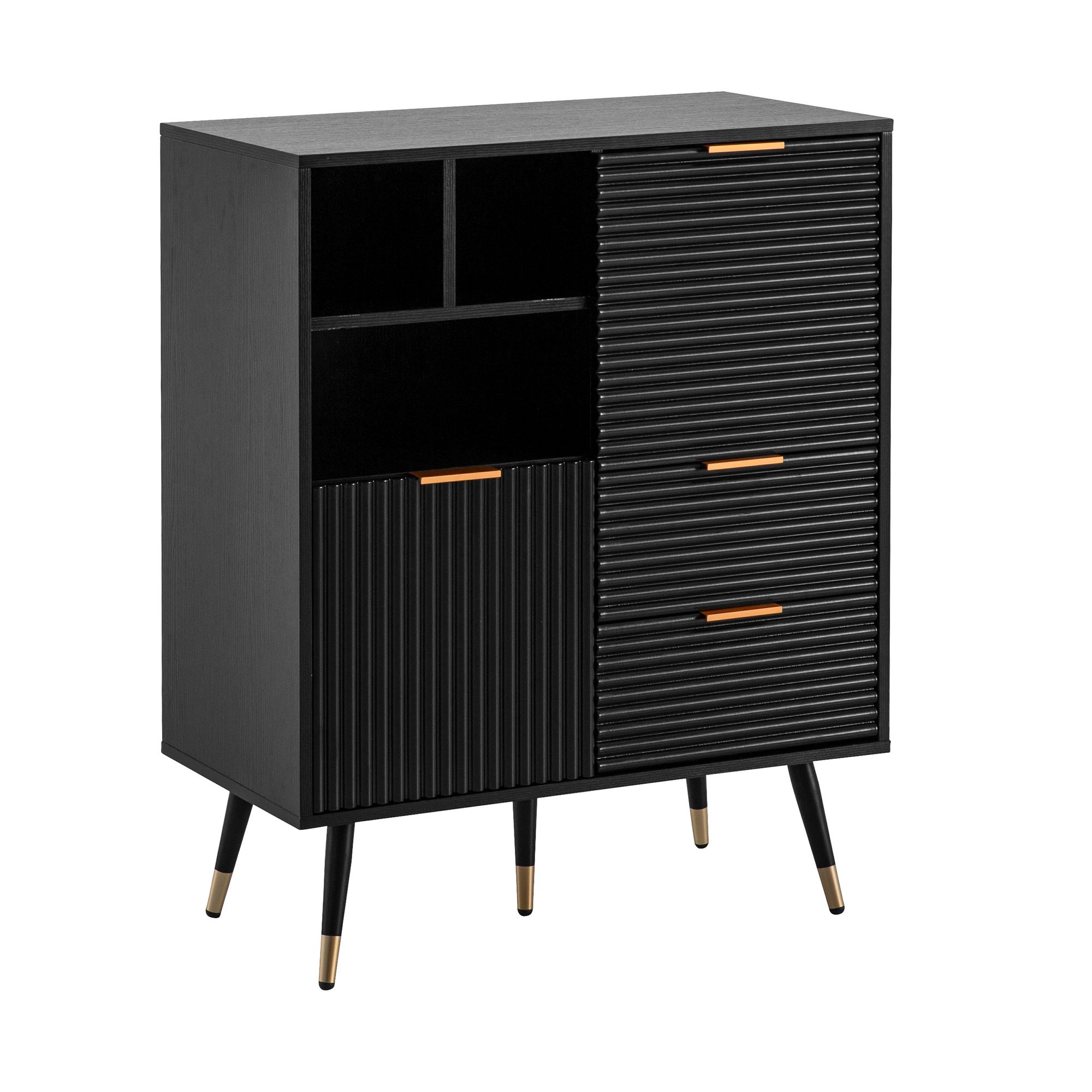 Kommode 77 cm in MDF Eiche Schwarz Dekor mit 2 Schubladen / 2 Türen und Ablage Design Sideboard Schrank – Ansicht 6