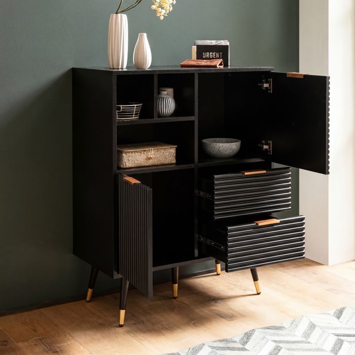 FineBuy Sideboard 77x97x40 cm Anrichte Schwarz mit Eiche-Dekor, Kommode mit Türen und Schubladen, Kommodenschrank Flurschrank mit Regal Modern, Standschrank Wohnzimmer Metallbeine