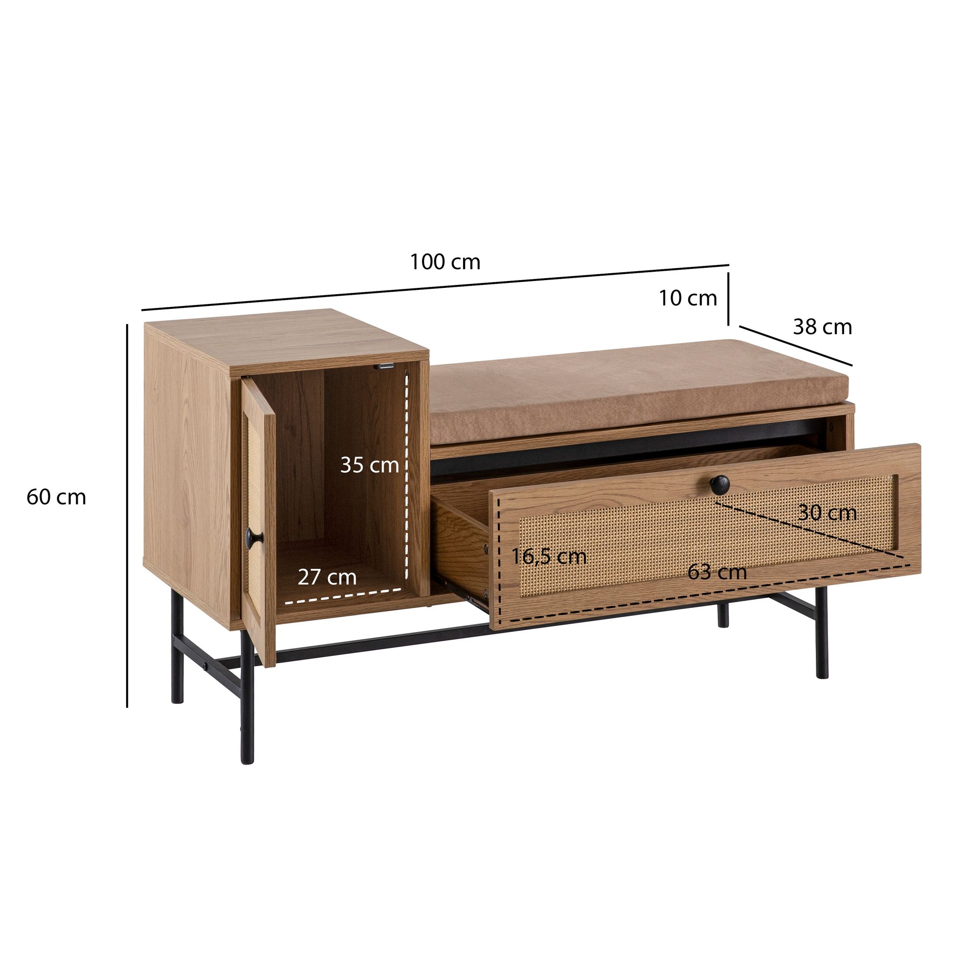 Schuhbank FineBuy Schuhregal 100 cm Garderobe mit Sitzbank Rattan Eiche Klein – Ansicht 3