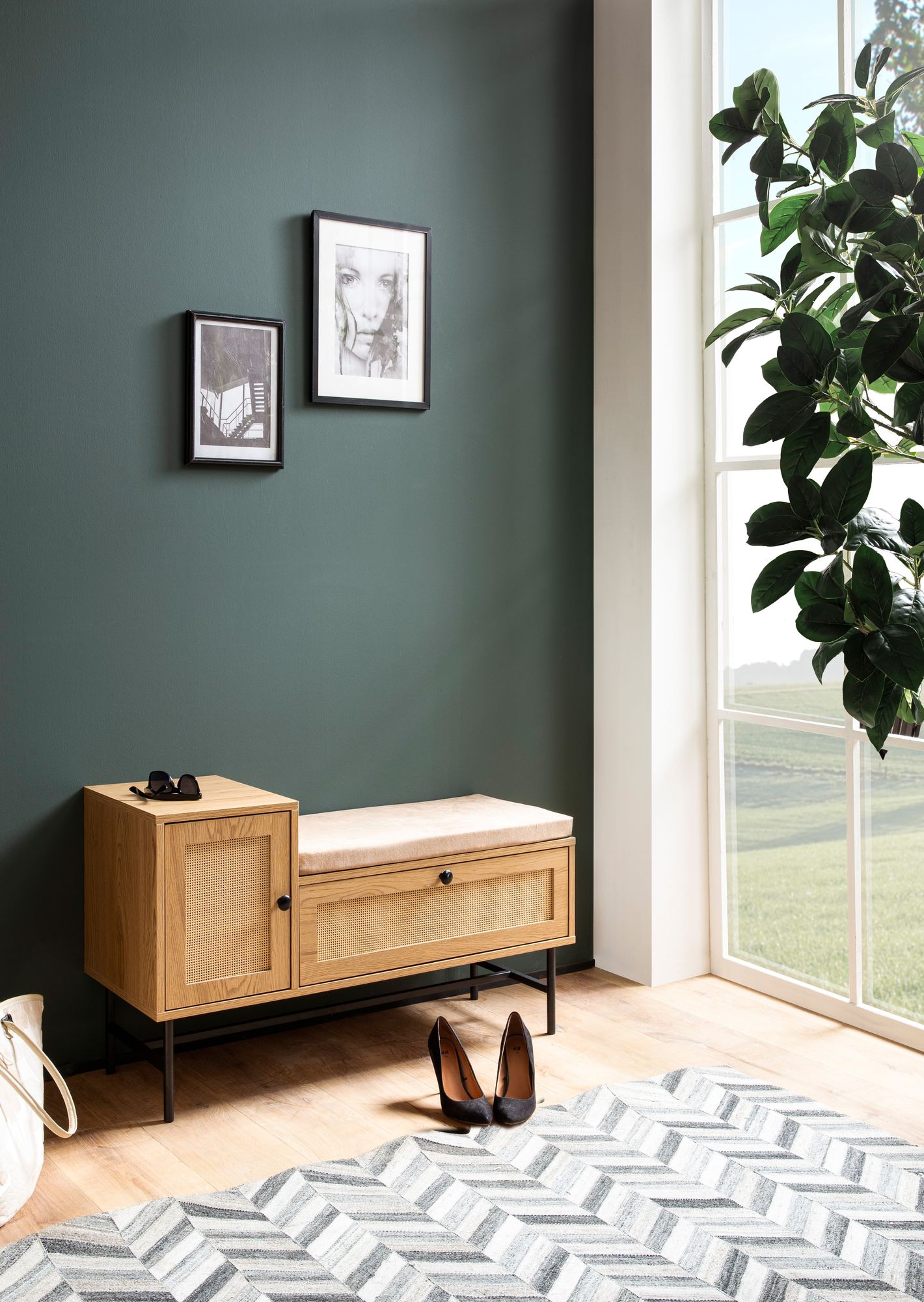 Schuhbank FineBuy Schuhregal 100 cm Garderobe mit Sitzbank Rattan Eiche Klein – Ansicht 2