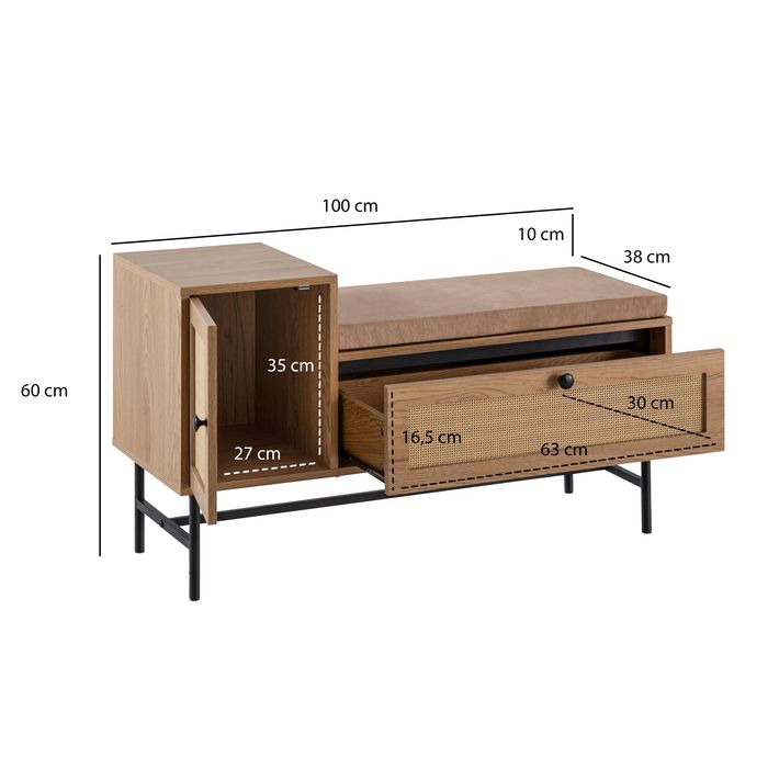 Schuhbank FineBuy Schuhregal 100 cm Garderobe mit Sitzbank Rattan Eiche Klein – Maßzeichnung