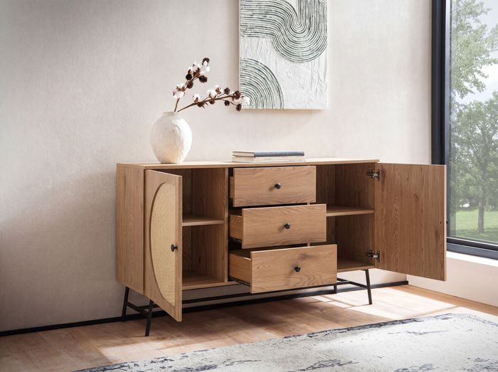 FineBuy Sideboard 140x80x40 cm Kommode Eiche-Dekor mit Rattan Geflecht Modern, Hoher Kommodenschrank, Standschrank mit 2 Türen und 3 Schubladen, Anrichte Wohnzimmer