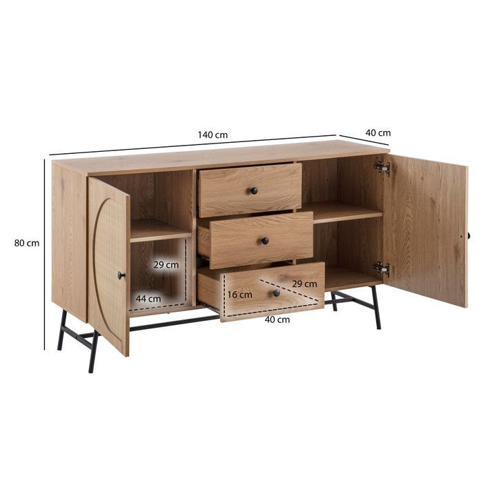 Sideboard in Eiche Dekor 140 cm Kommode mit 2 Türen & 3 Schubladen aus Wiener Rattan Geflecht Design – Maßzeichnung