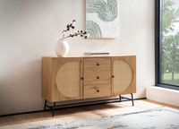 Sideboard in Eiche Dekor 140 cm Kommode mit 2 Türen & 3 Schubladen aus Wiener Rattan Geflecht Design – Ansicht 4