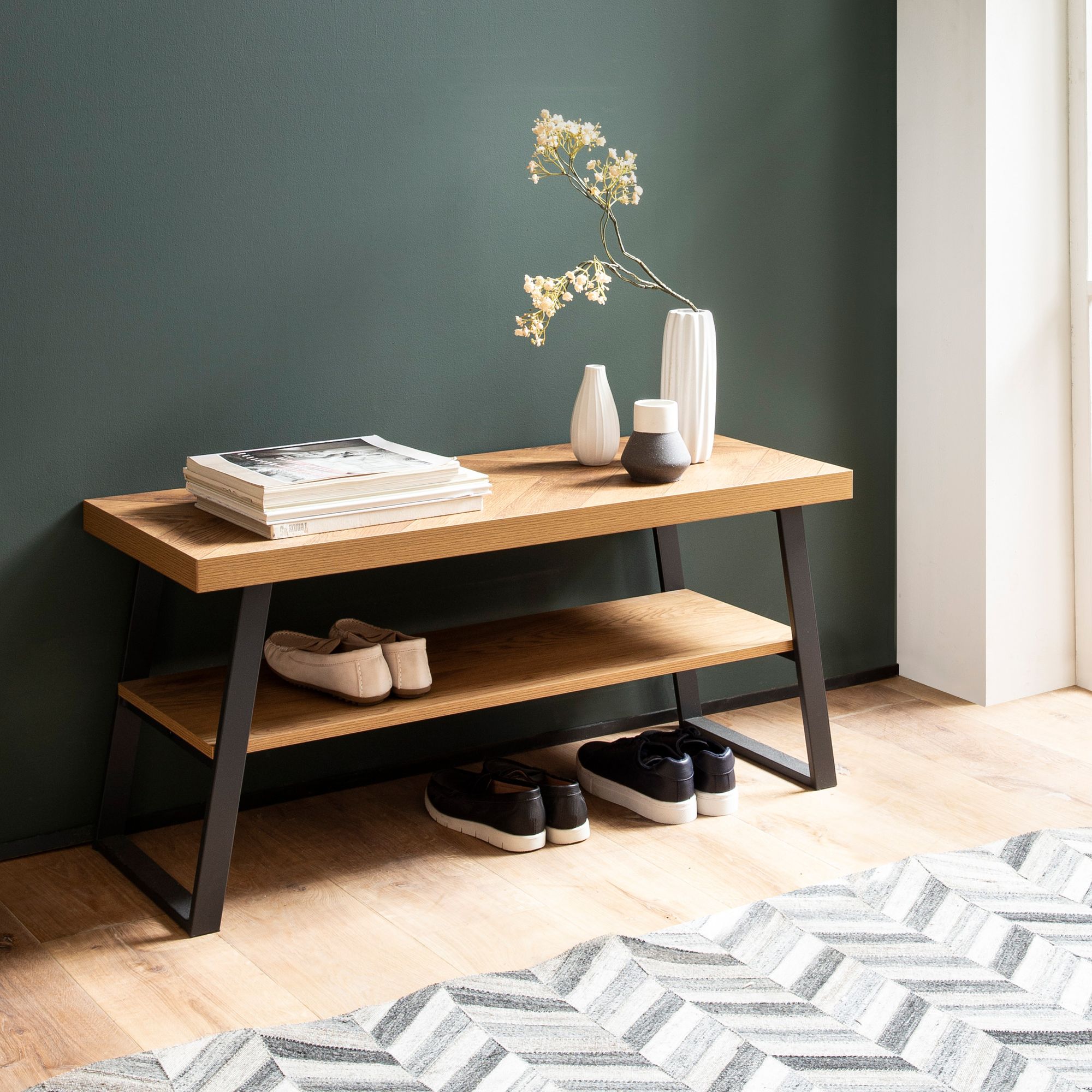 Schuhbank FineBuy 100 cm Garderobenbank Eiche Fischgrät Dekor Flur Schuhregal – Ansicht 1