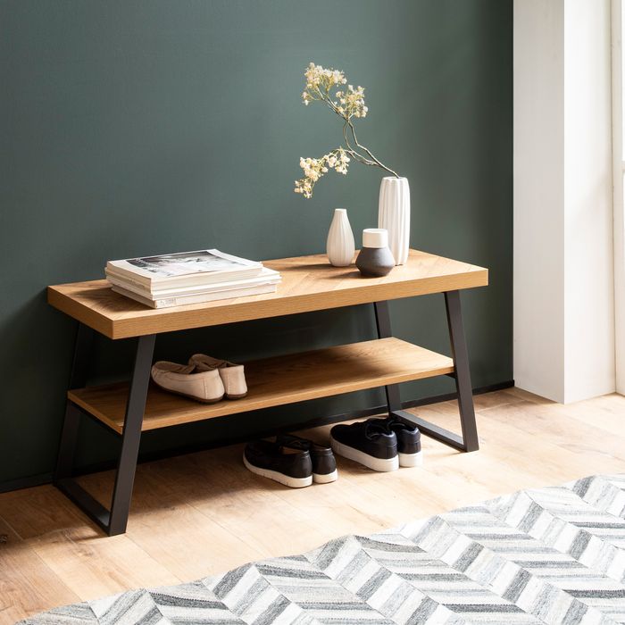 FineBuy Schuhbank 100x41x40 cm Garderobenbank Eiche-Dekor, Sitzbank Fischgrät-Muster Klein, Bank Schmal Flur mit Stauraum, Flurbank Flurmöbel mit Ablage