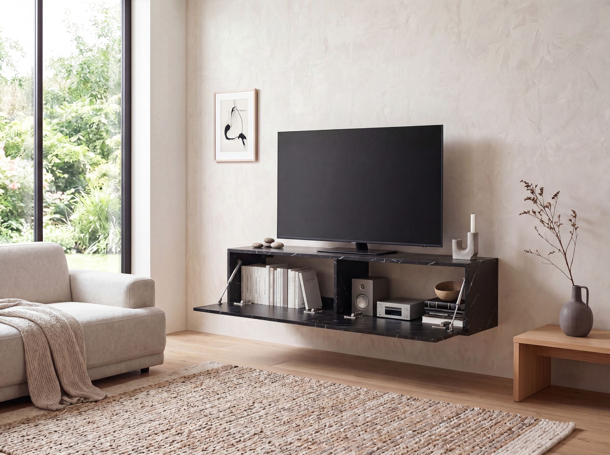 TV Schrank FineBuy Hängend 120 cm Lowboard Marmor-Optik TV-Kommode Klapptür – Ansicht 2