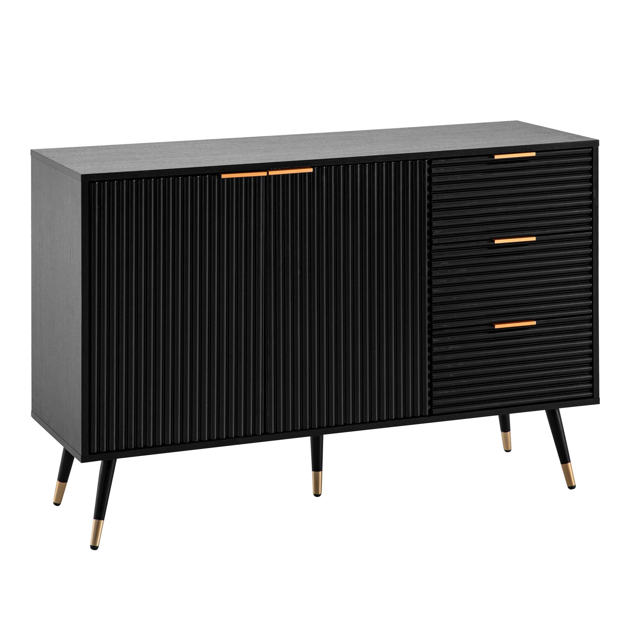 Sideboard 120cm Kommode mit 2 Türen & 3 Schubladen in MDF Eiche Schwarz Dekor – Ansicht 6