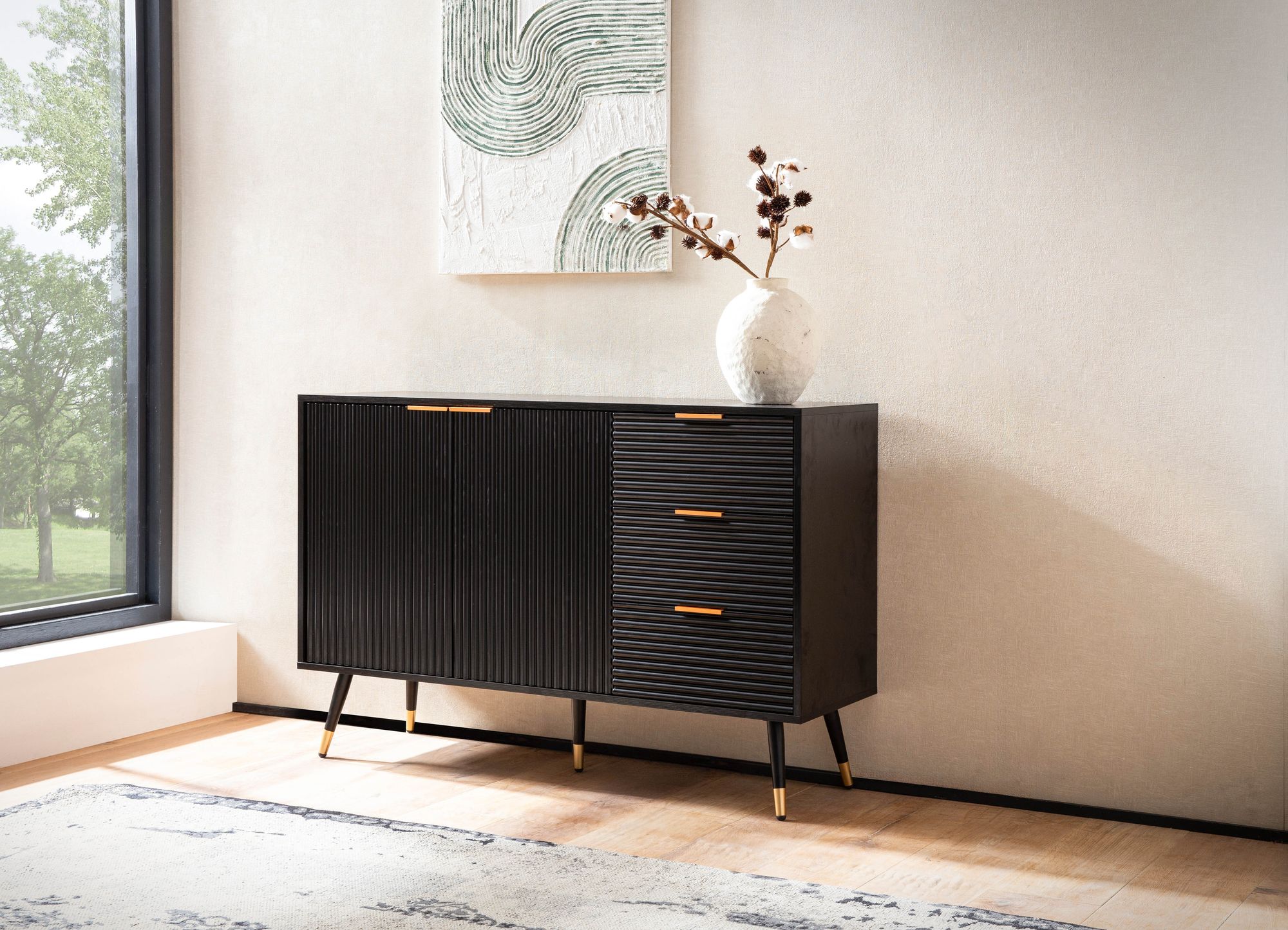 Sideboard 120cm Kommode mit 2 Türen & 3 Schubladen in MDF Eiche Schwarz Dekor – Ansicht 7