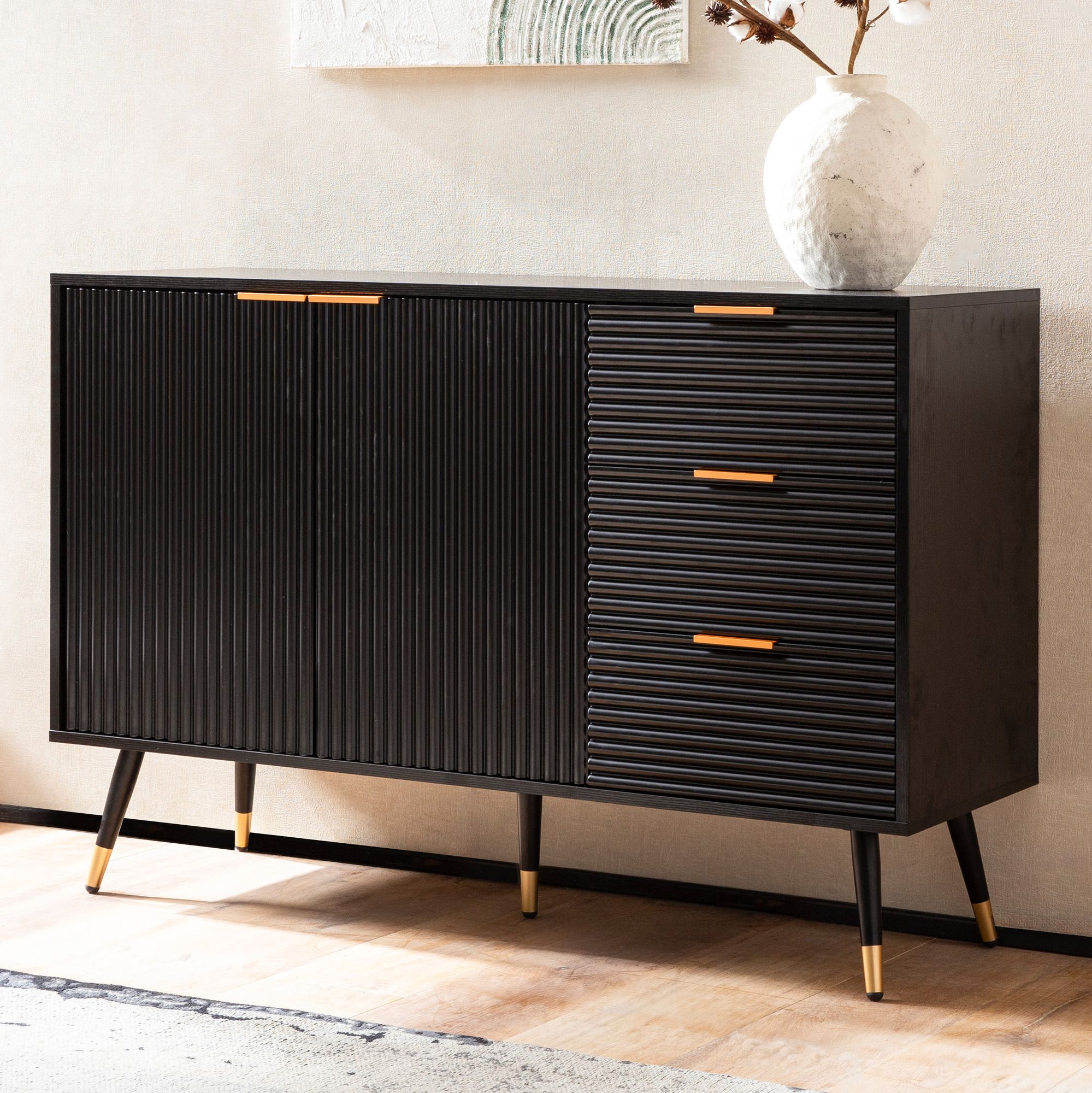 Sideboard 120cm Kommode mit 2 Türen & 3 Schubladen in MDF Eiche Schwarz Dekor – Ansicht 1
