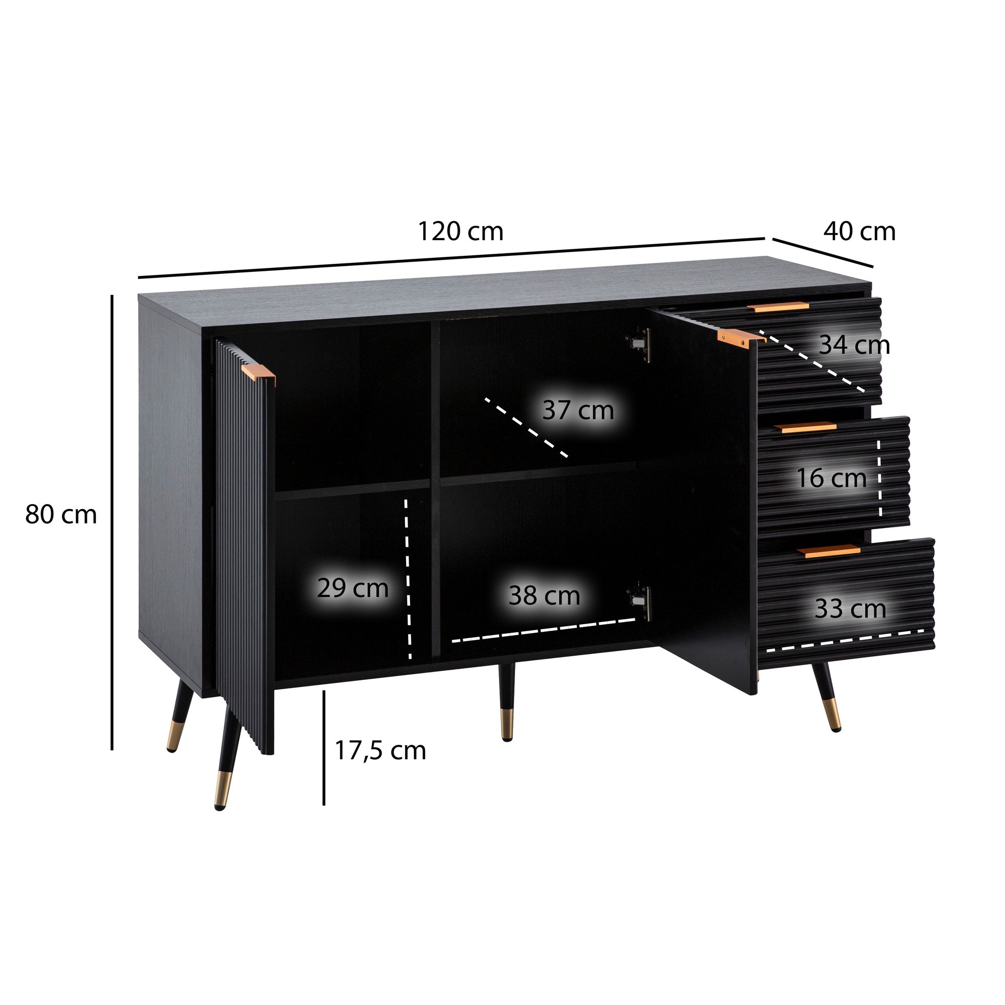 Sideboard 120cm Kommode mit 2 Türen & 3 Schubladen in MDF Eiche Schwarz Dekor – Ansicht 3