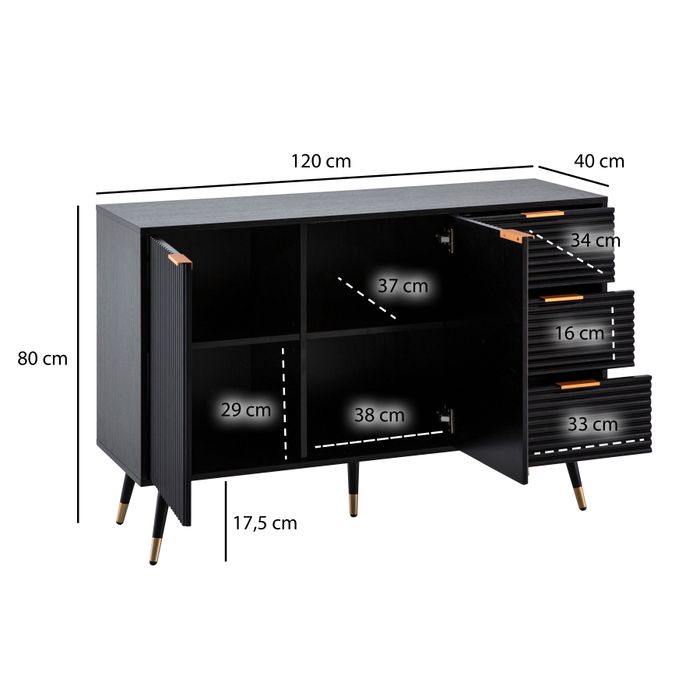 Sideboard 120cm Kommode mit 2 Türen & 3 Schubladen in MDF Eiche Schwarz Dekor – Maßzeichnung