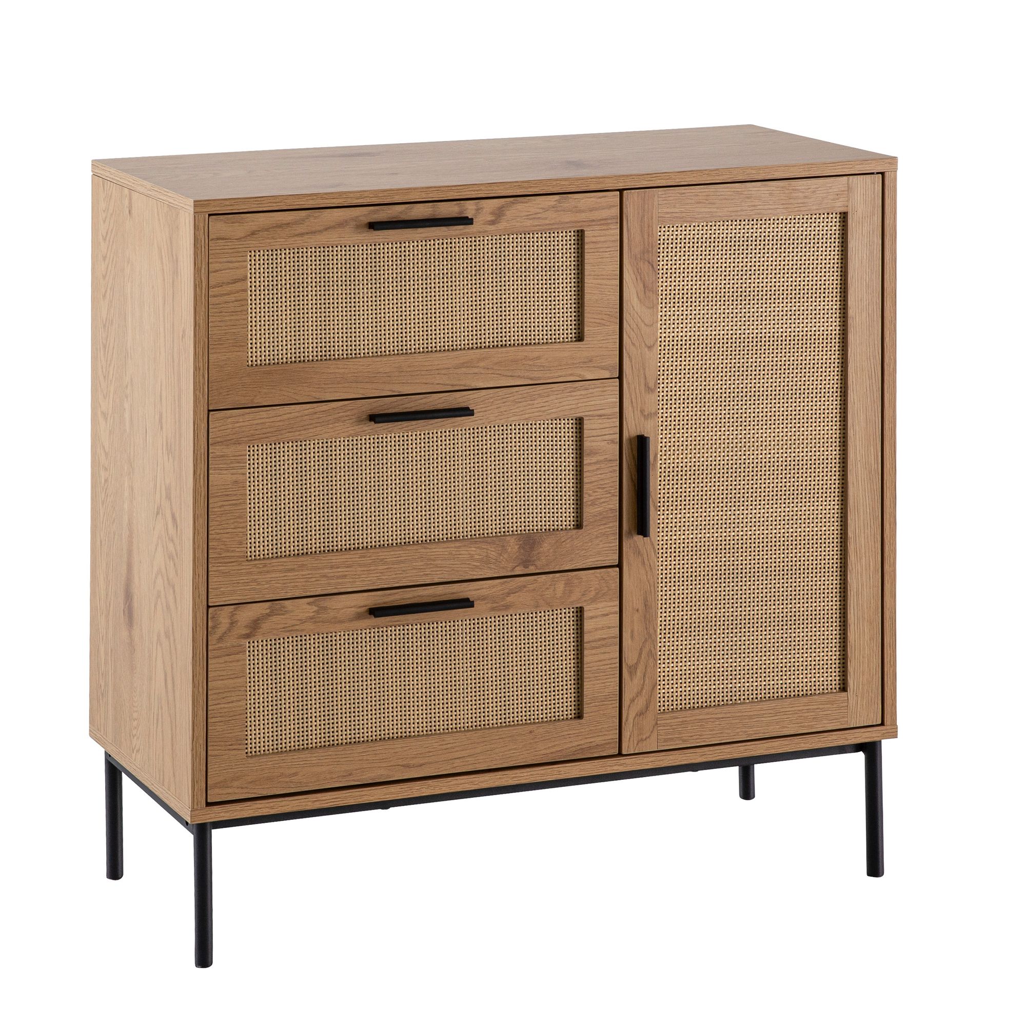 Kommode in Eiche Dekor 80 cm Sideboard mit 3 Schubladen & 1 Tür aus Wiener Rattan Geflecht Design Highboard - Schubladenkommode – Ansicht 6