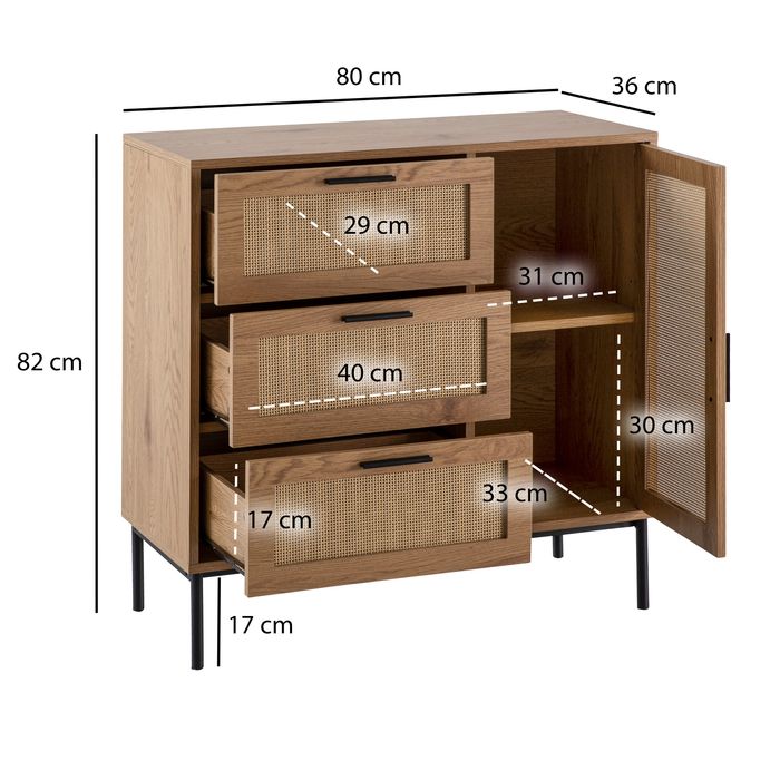 Kommode in Eiche Dekor 80 cm Sideboard mit 3 Schubladen & 1 Tür aus Wiener Rattan Geflecht Design Highboard - Schubladenkommode – Maßzeichnung