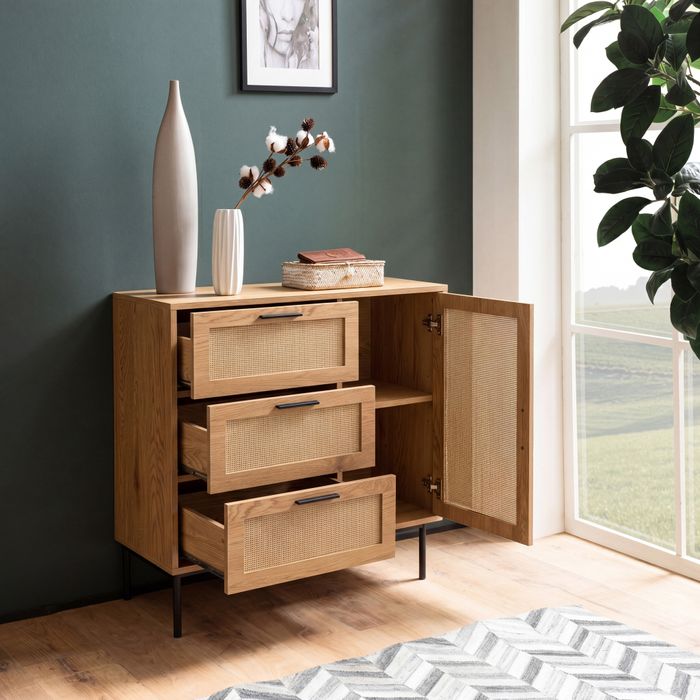 FineBuy Kommode 80x82x36 cm Flurkommode Eiche-Dekor & Rattan, Sideboard mit drei Schubladen und Tür, Kommodenschrank Modern, Standschrank Anrichte Schubladenkommode