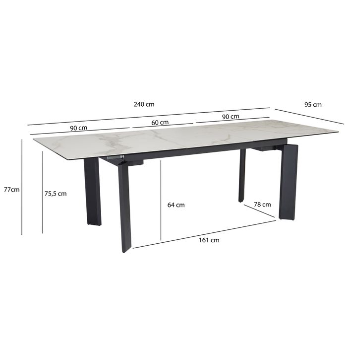 FineBuy Ausziehbarer Design Esstisch 180 - 240 cm Glas Keramik Keramiktisch Esszimmertisch – Maßzeichnung