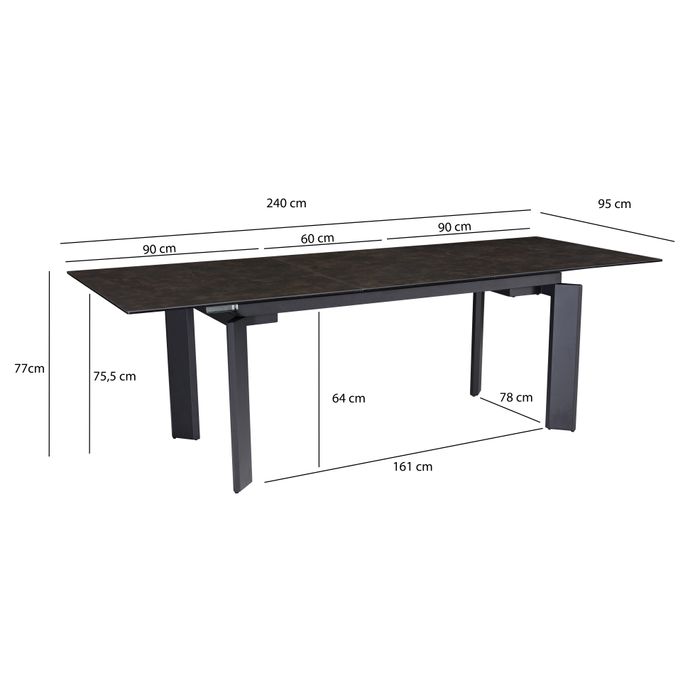 FineBuy Ausziehbarer Design Esstisch 180 - 240 cm Glas Keramik Keramiktisch Esszimmertisch – Maßzeichnung