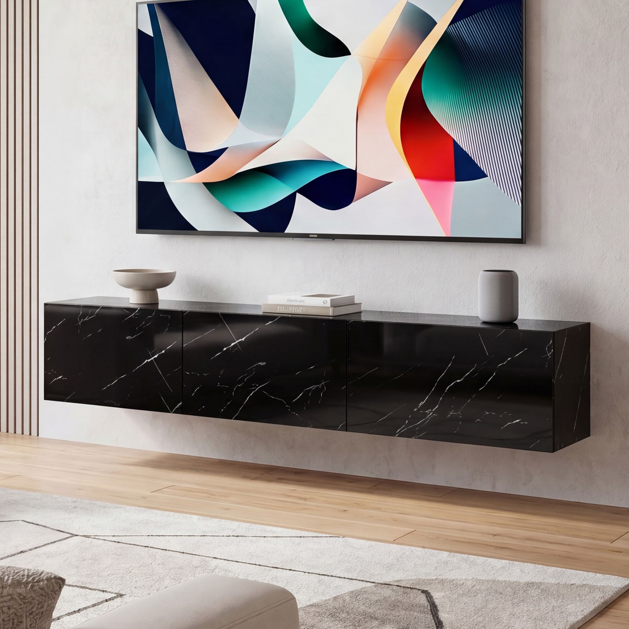 TV Schrank FineBuy Hängend 160 cm Lowboard Marmor-Optik TV-Kommode Klapptür – Ansicht 1